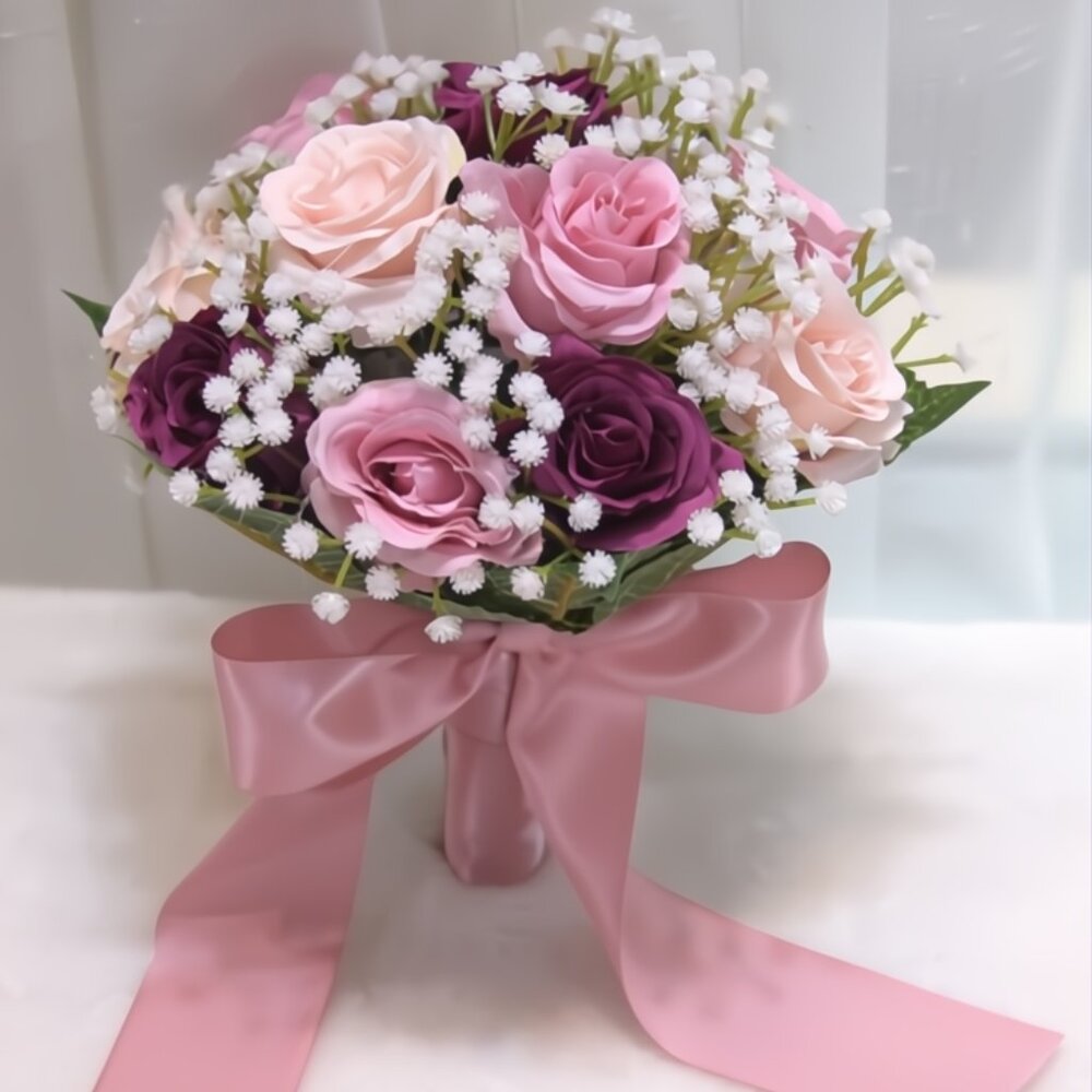 Silk Purple Roses Wedding Bouquet | Bridal Flower Bridesmaids Satin Ribbon